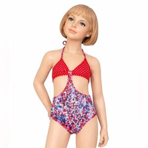 Submarine Girls One-Piece Swimsuit – Red Polka Dot & Patriotic Splash Print 8 10